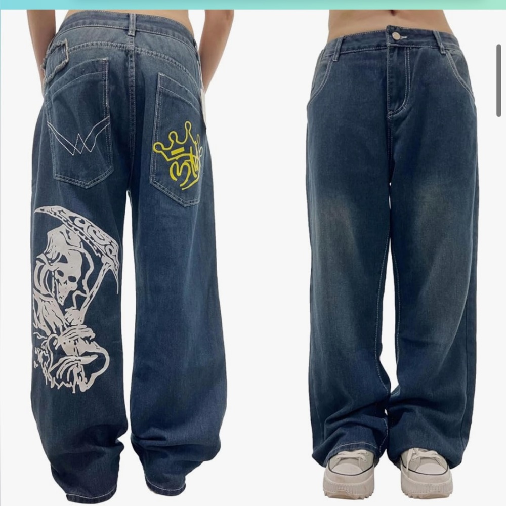 NWOT Unisex Y2K Hip Hop St Jeans with Skeleton Print Gothic Baggy High Waist